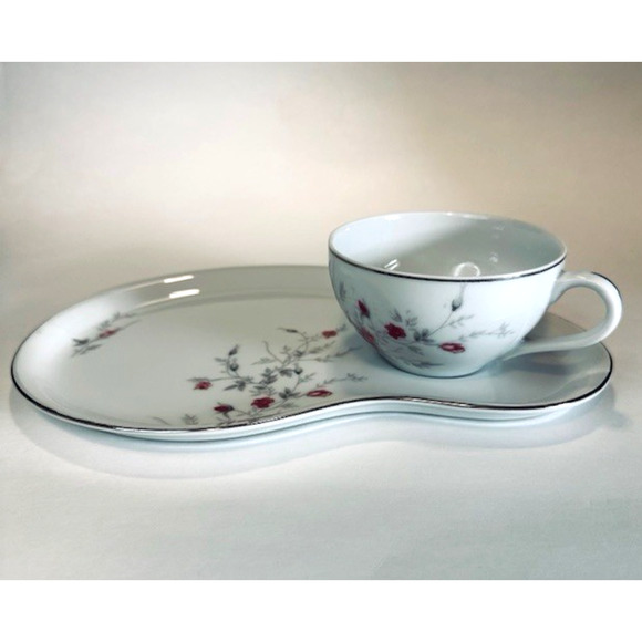 Arita ART25 Sandwich Tray and Tea Cup Pink Roses, Gray Leaves, Platinum Trim VTG - Picture 1 of 16